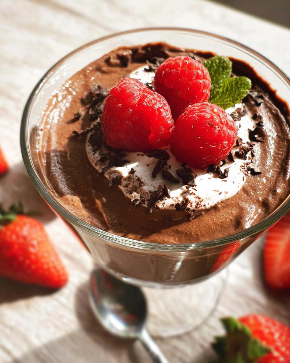 A close-up of Easy Cottage Cheese Chocolate Mousse topped with whipped cream, raspberries, mint, and chocolate shavings.