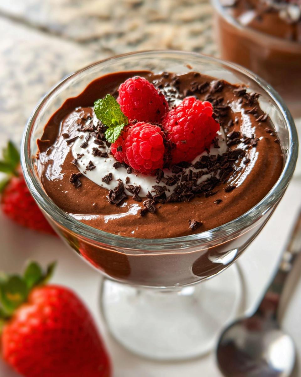 A close-up of a glass bowl filled with Easy Cottage Cheese Chocolate Mousse, topped with whipped cream, raspberries, and chocolate shavings.