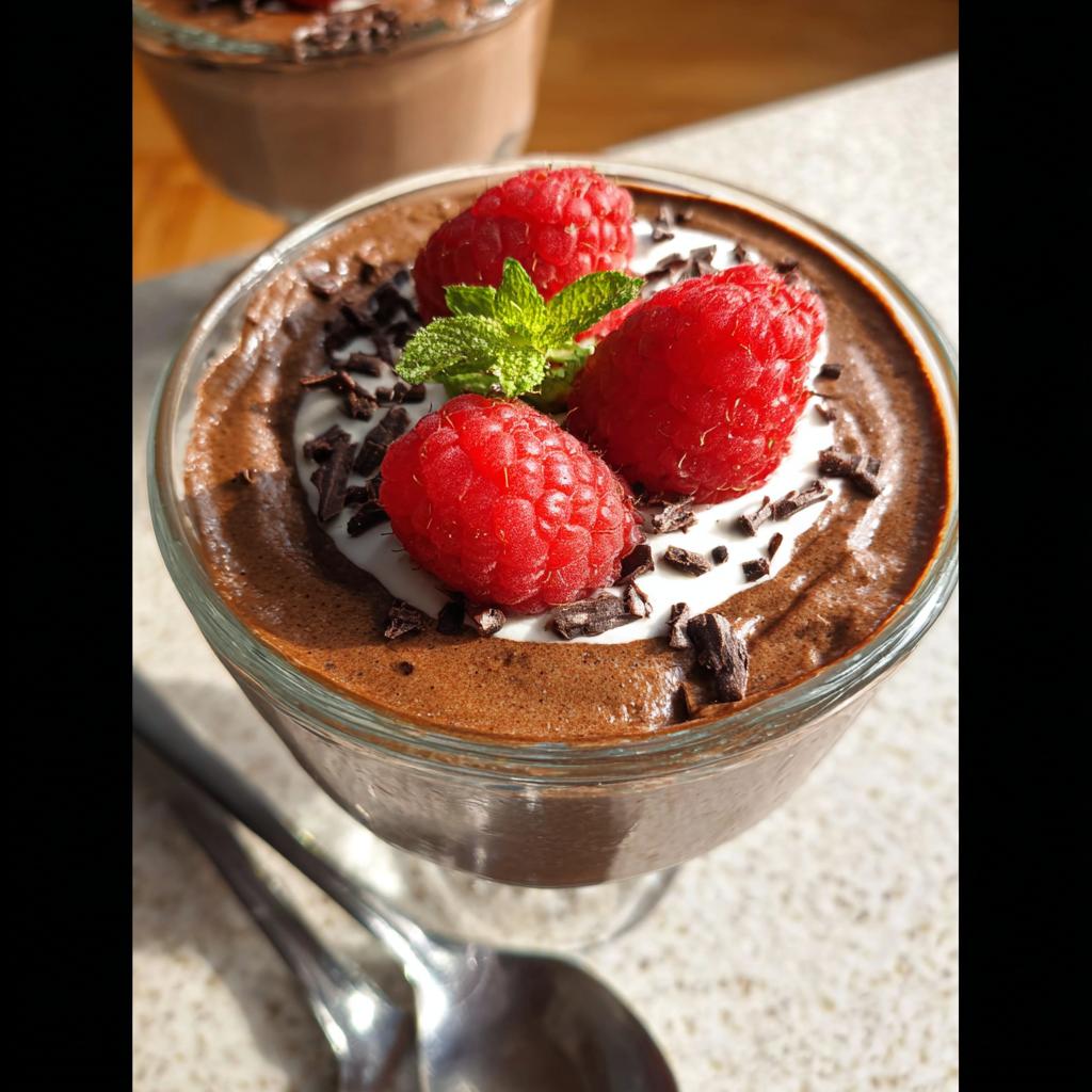 A close-up of a glass dish filled with Easy Cottage Cheese Chocolate Mousse, topped with whipped cream, raspberries, mint, and chocolate shavings.