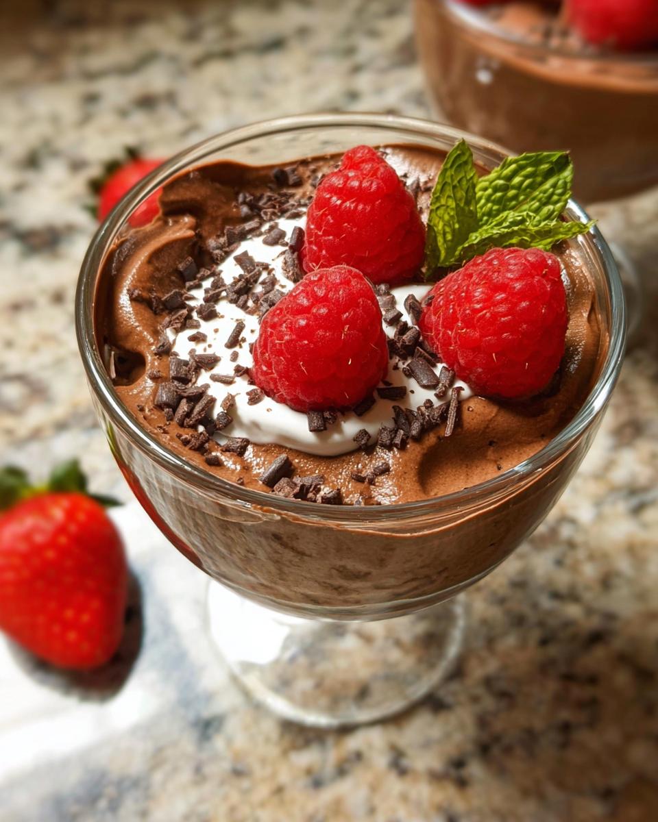 A close-up of a glass bowl filled with Easy Cottage Cheese Chocolate Mousse, topped with whipped cream, raspberries, and chocolate shavings.