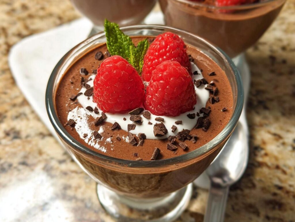 A close-up of a glass dish filled with Easy Cottage Cheese Chocolate Mousse, topped with whipped cream, raspberries, mint, and chocolate shavings.