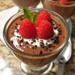 A close-up of a glass dish filled with Easy Cottage Cheese Chocolate Mousse, topped with whipped cream, raspberries, mint, and chocolate shavings.