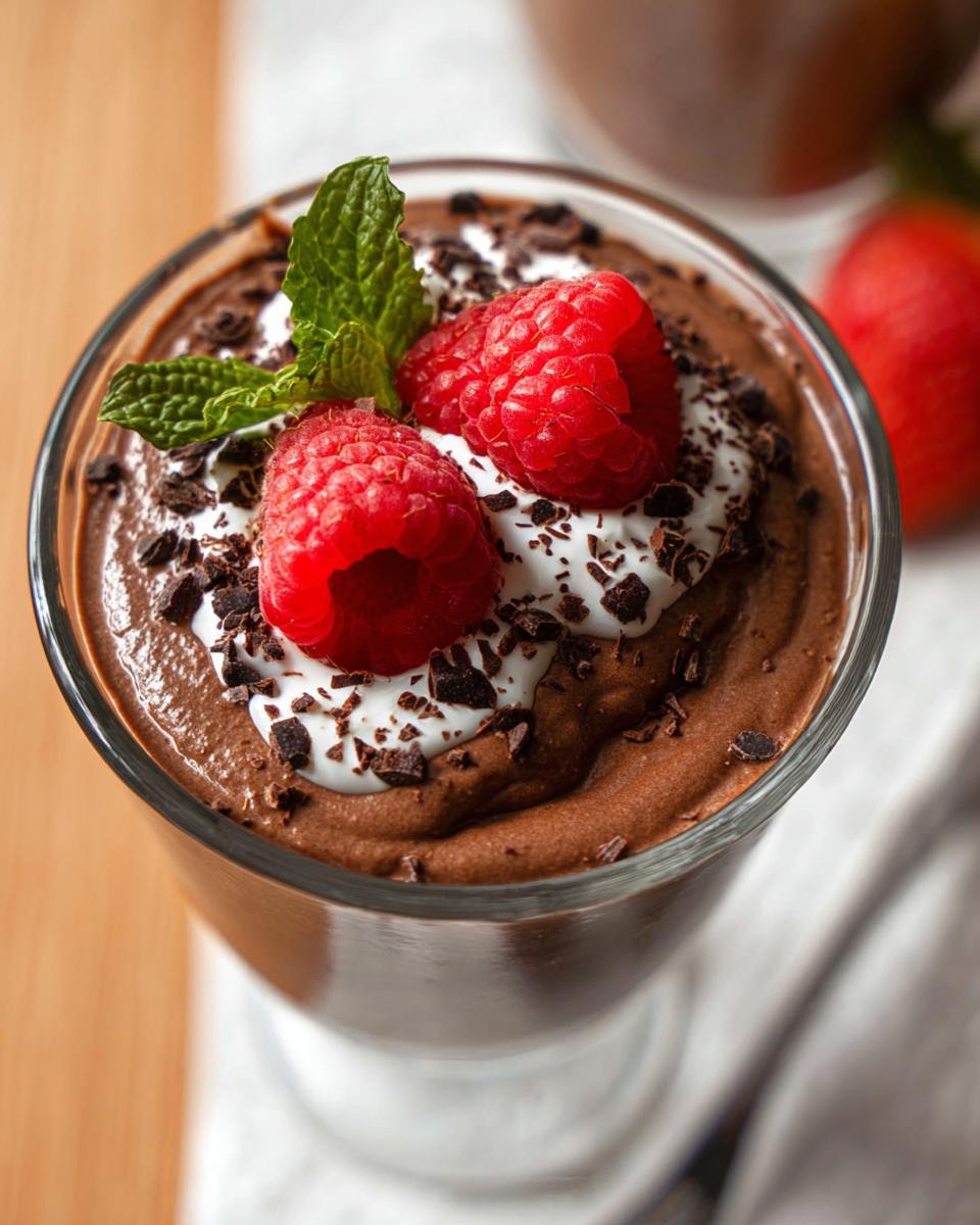 A close-up of easy cottage cheese chocolate mousse topped with whipped cream, raspberries, mint, and chocolate shavings.