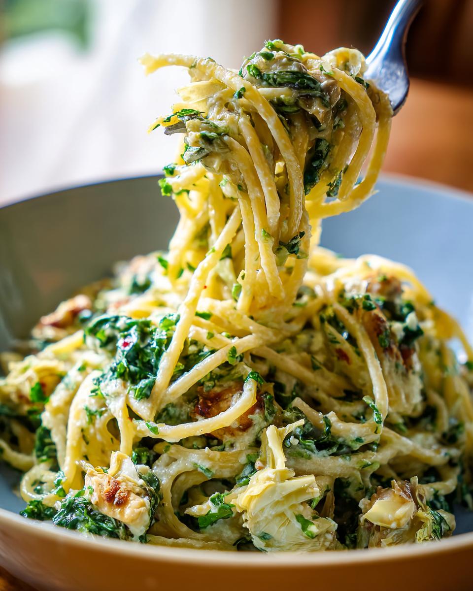 A fork lifts a generous portion of creamy spinach artichoke pasta, showcasing the delicious ingredients.