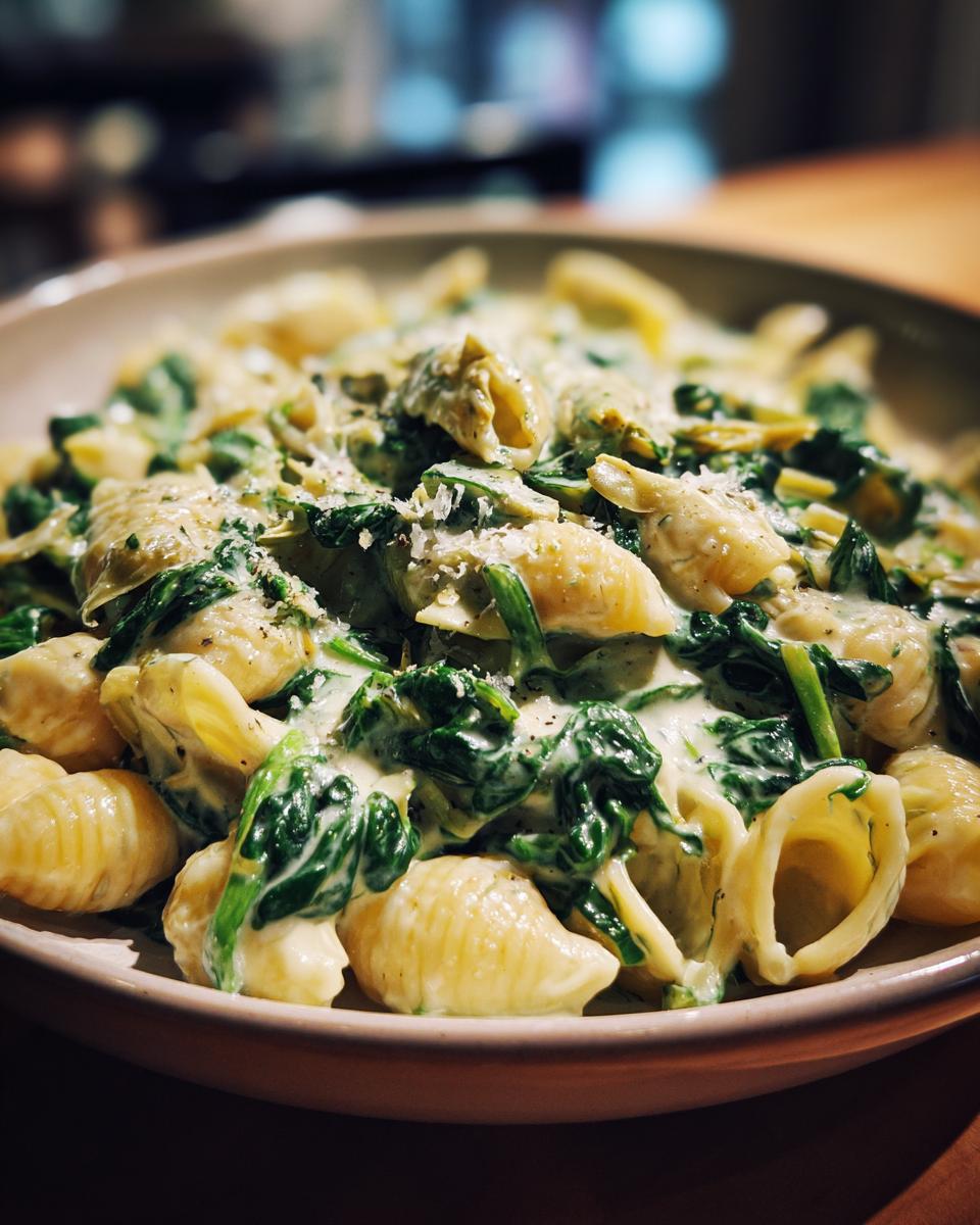 Close-up of creamy spinach artichoke pasta with shell-shaped noodles and grated Parmesan cheese.