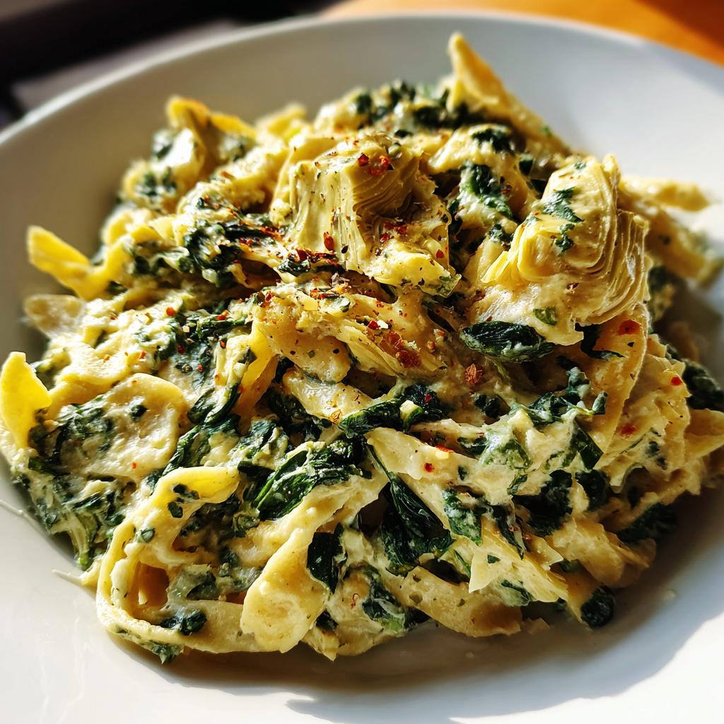 Close-up of creamy spinach artichoke pasta in a white bowl, sprinkled with red pepper flakes.