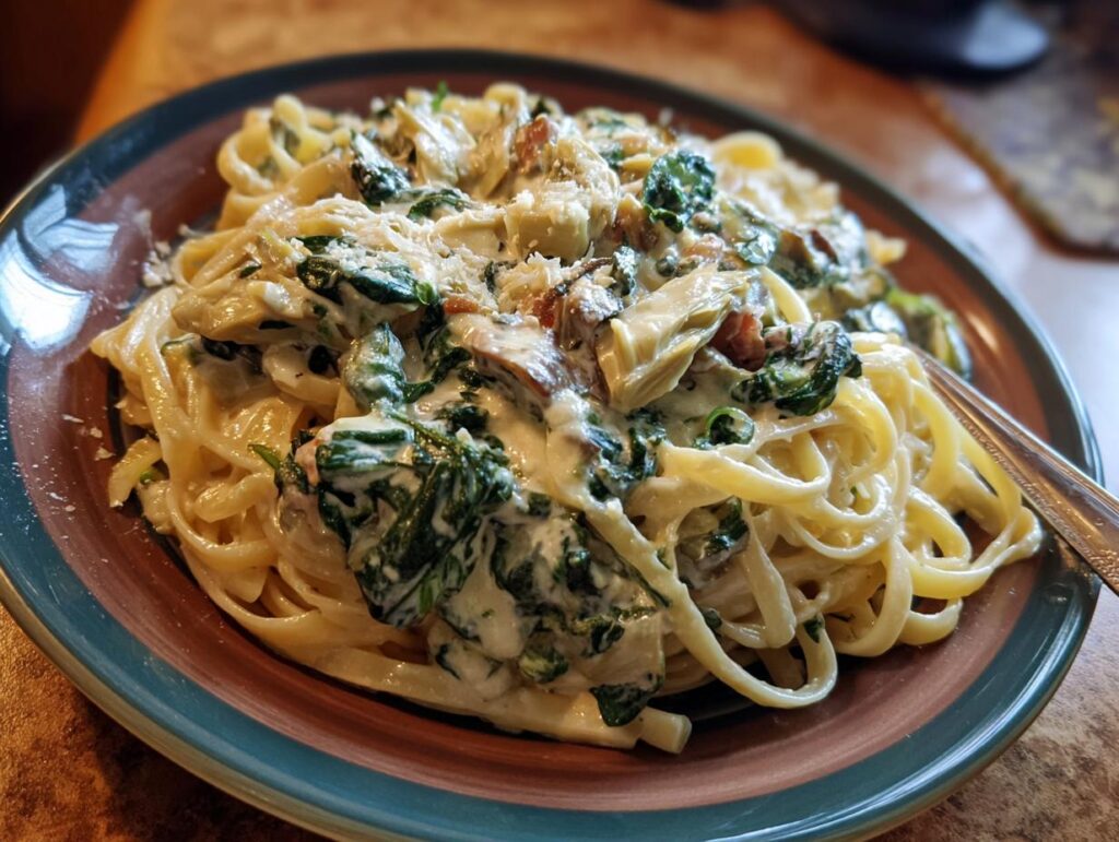 A close-up of a plate filled with creamy spinach artichoke pasta, featuring fettuccine noodles coated in a rich sauce with spinach and artichoke hearts.