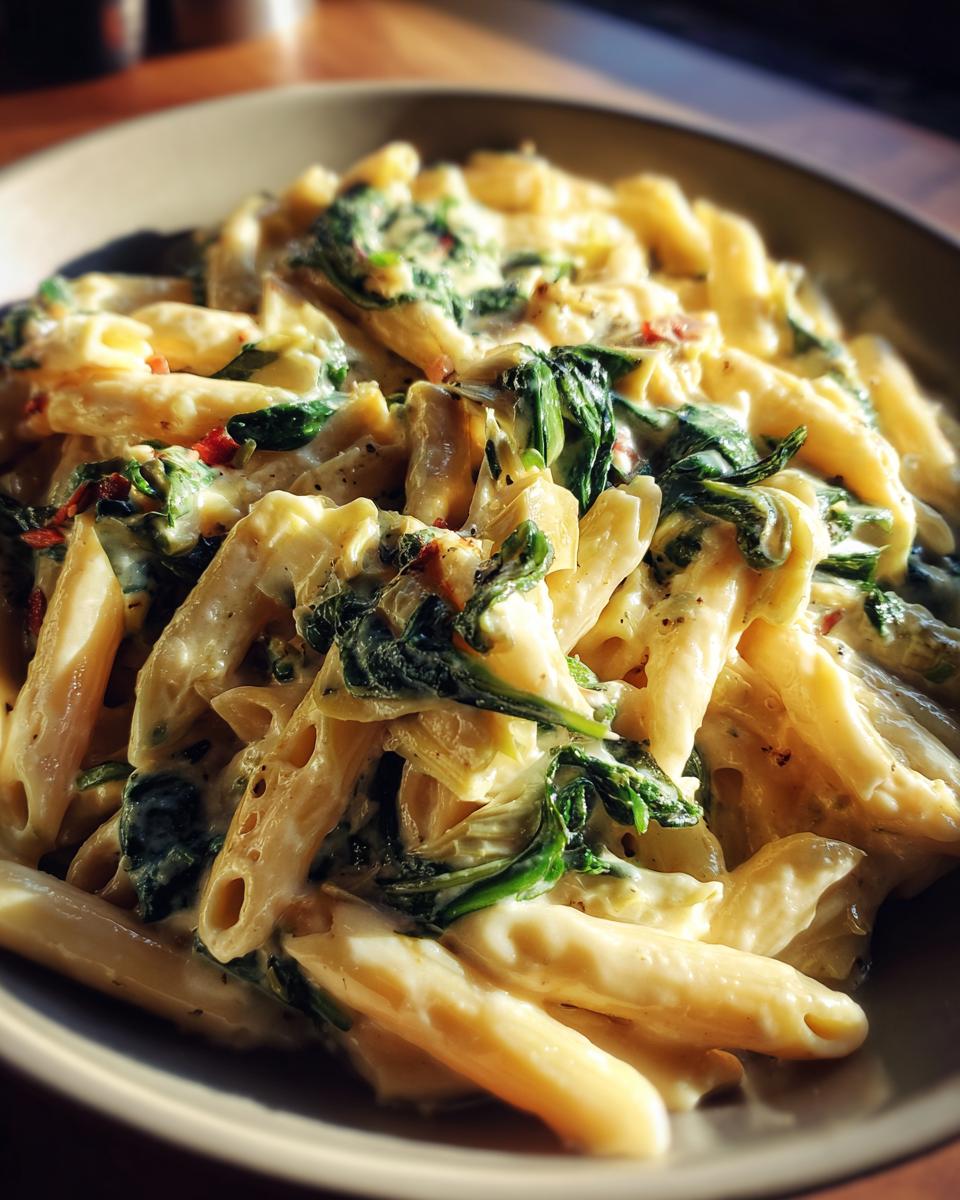 Close-up of creamy spinach artichoke pasta in a bowl, featuring penne pasta, wilted spinach, and a rich sauce.