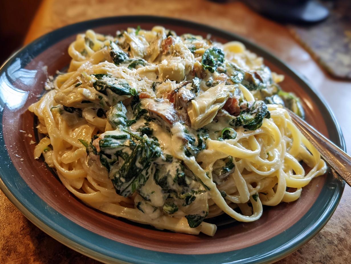 A close-up of a plate filled with creamy spinach artichoke pasta, featuring fettuccine noodles coated in a rich sauce with spinach and artichoke hearts.