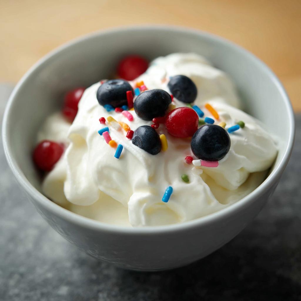 A bowl of creamy frozen Greek yogurt topped with fresh blueberries, red berries, and colorful sprinkles.