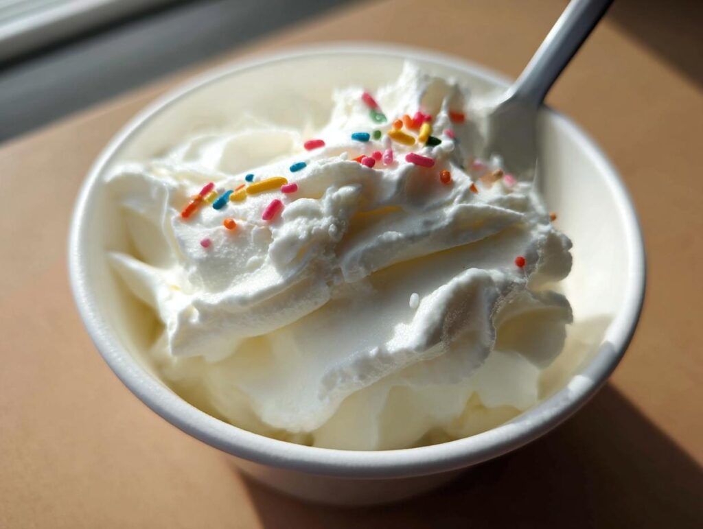 A bowl of creamy frozen Greek yogurt topped with whipped cream and colorful sprinkles, with a spoon.