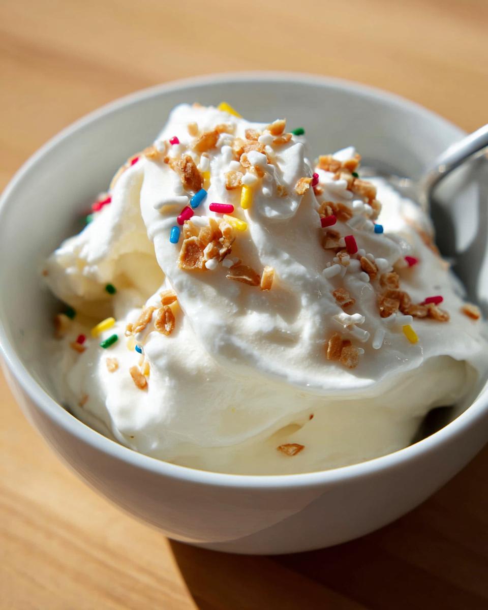 A bowl of creamy frozen Greek yogurt topped with crunchy granola pieces and colorful sprinkles.