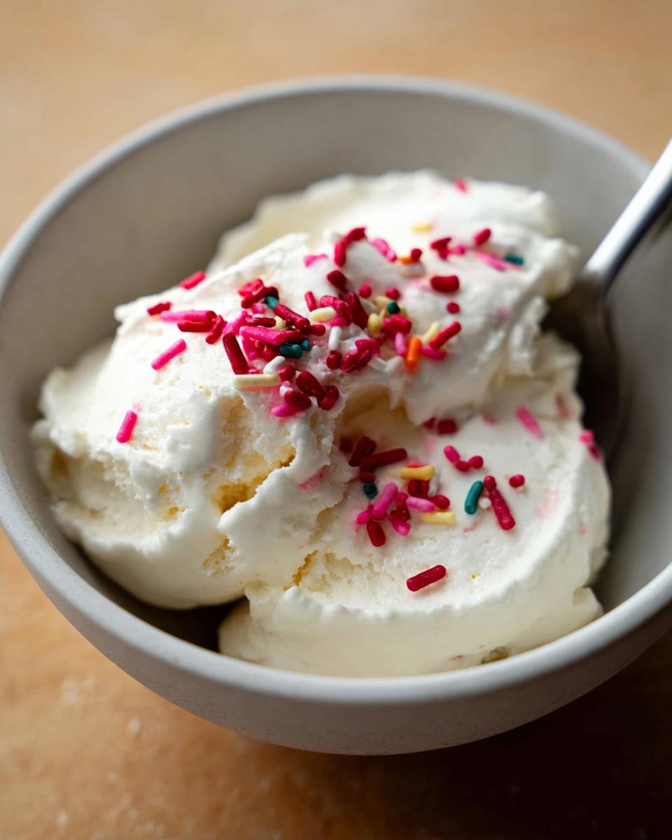 A bowl of creamy frozen Greek yogurt topped with colorful sprinkles, ready to be enjoyed.