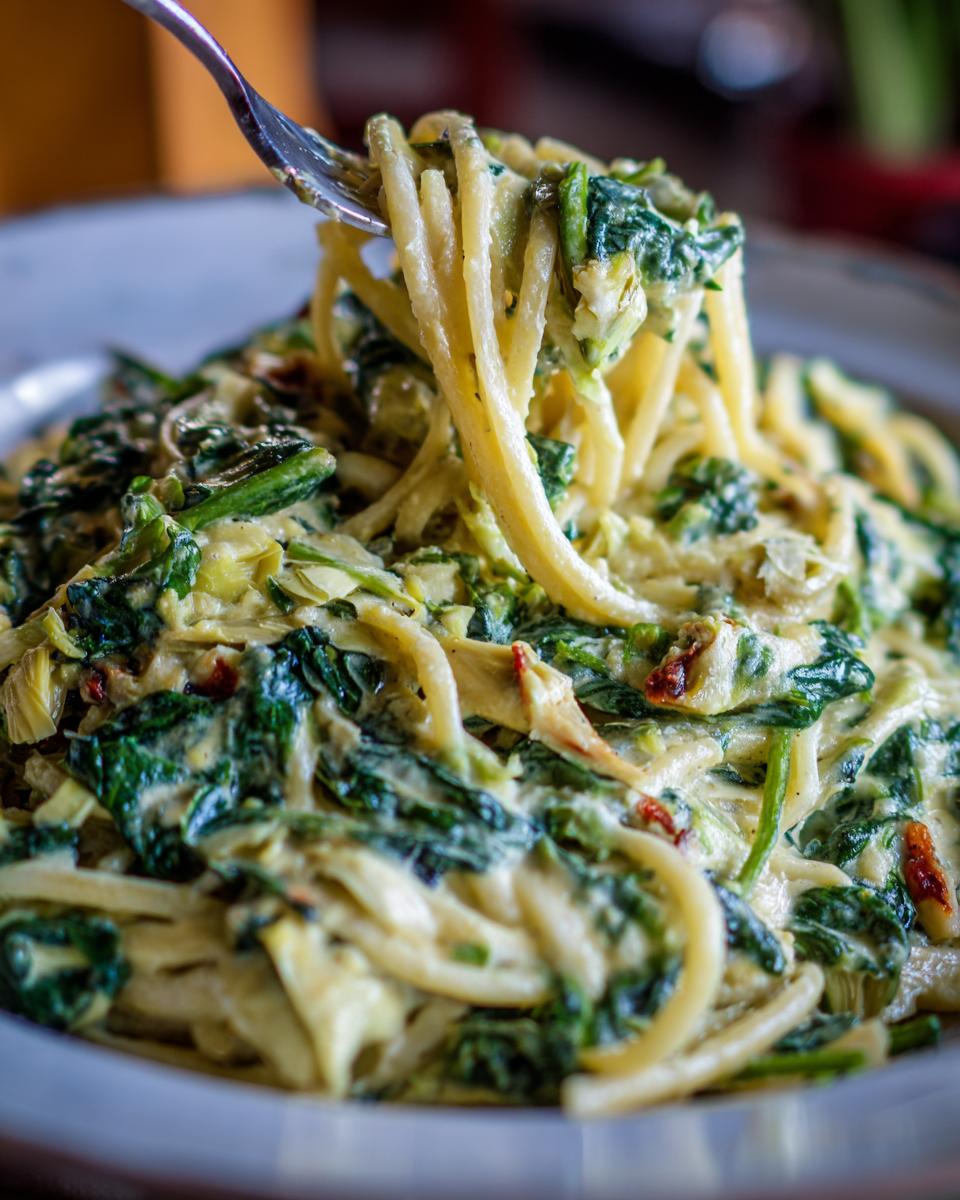 A fork twirling creamy spinach artichoke pasta, showcasing the delicious ingredients.