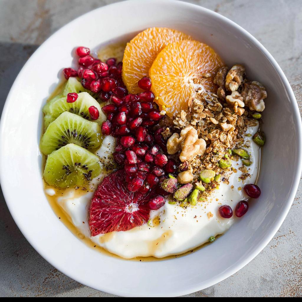 A vibrant and healthy Easy Yogurt Granola Bowl topped with kiwi, pomegranate seeds, orange slices, and walnuts.