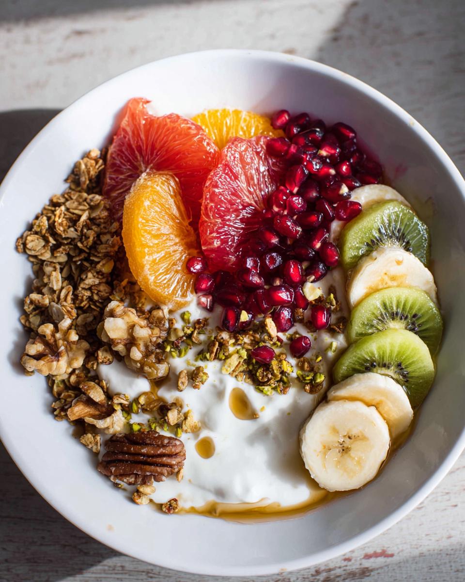 A vibrant and colorful Easy Yogurt Granola Bowl topped with fresh fruit like oranges, grapefruit, kiwi, banana, pomegranate seeds, nuts, and a drizzle of honey.