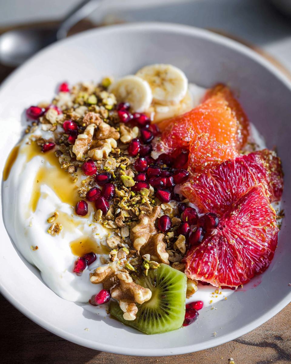 A vibrant and delicious Easy Yogurt Granola Bowl topped with fresh fruit like blood oranges, kiwi, banana, pomegranate seeds, walnuts, and granola.
