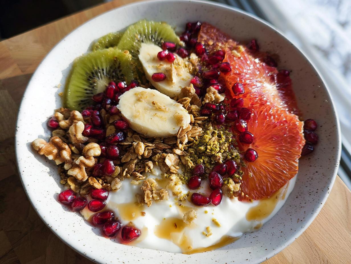 A vibrant and healthy Easy Yogurt Granola Bowl topped with kiwi, banana, pomegranate, blood orange, walnuts, and honey.