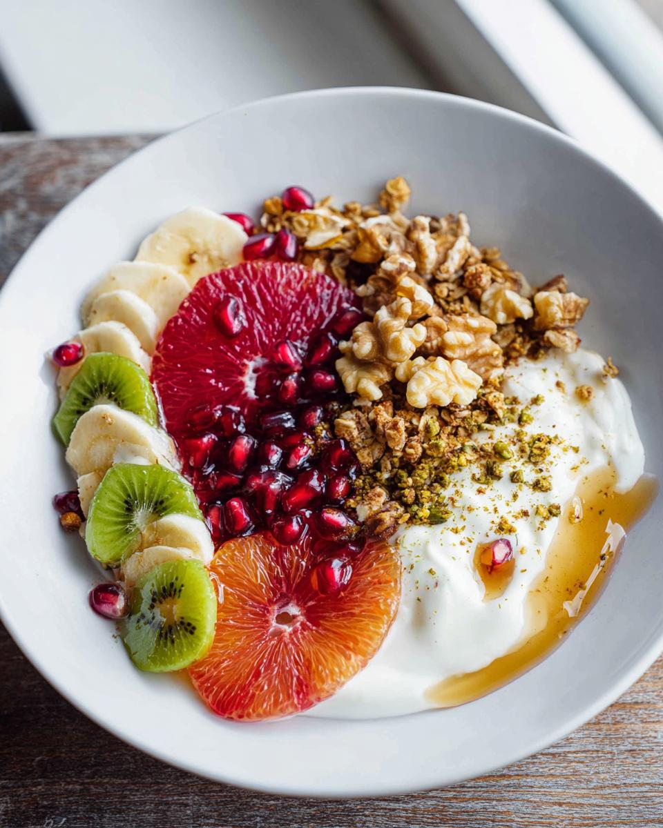 A vibrant and healthy Easy Yogurt Granola Bowl topped with sliced banana, kiwi, blood orange, pomegranate seeds, walnuts, and granola.