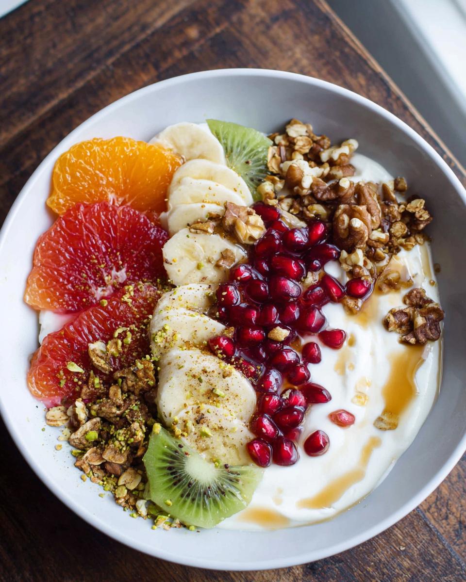 A vibrant and delicious Easy Yogurt Granola Bowl topped with banana, kiwi, orange, grapefruit, pomegranate, walnuts, and granola.