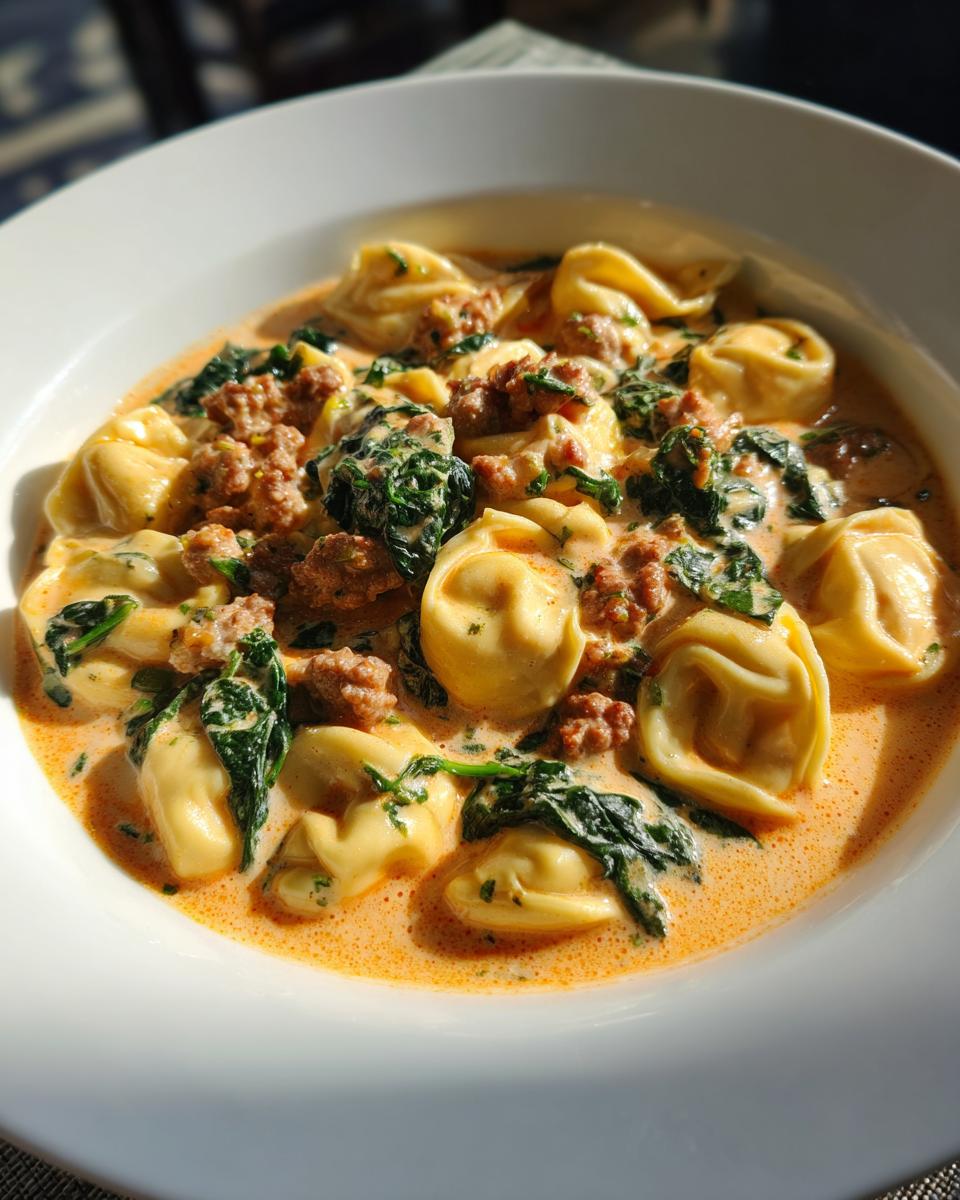 A bowl of delicious sausage spinach tortellini in a creamy orange sauce, a perfect pasta recipe.