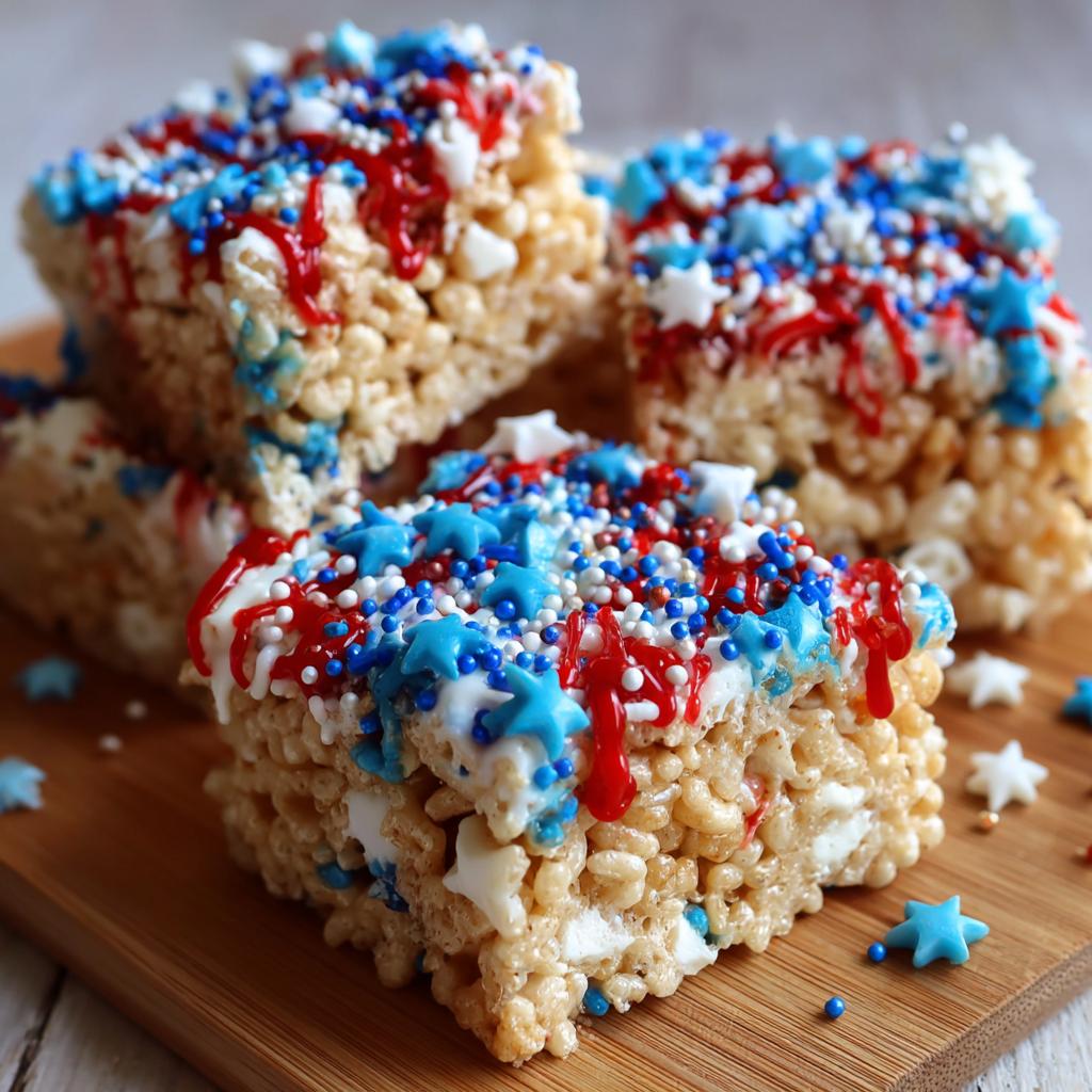 Close-up of Fourth of July desserts: Firecracker Rice Krispie Treats decorated with red, white, and blue sprinkles and star shapes.