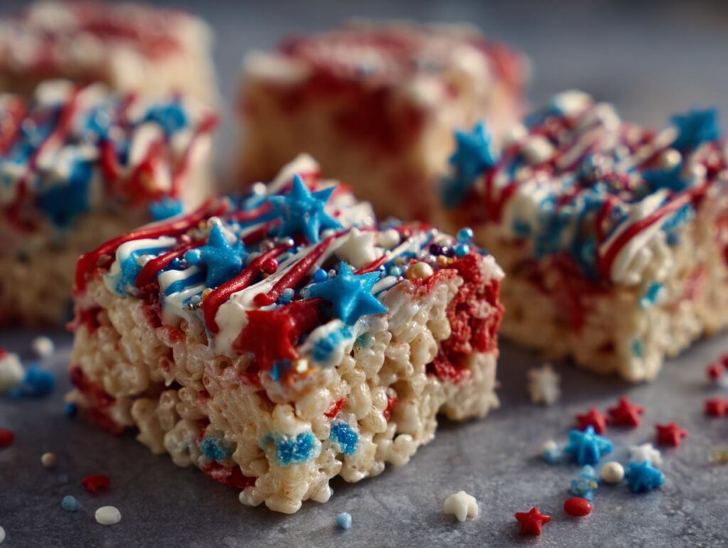 Close-up of festive Fourth of July Rice Krispie Treats decorated with red, white, and blue frosting and star sprinkles.
