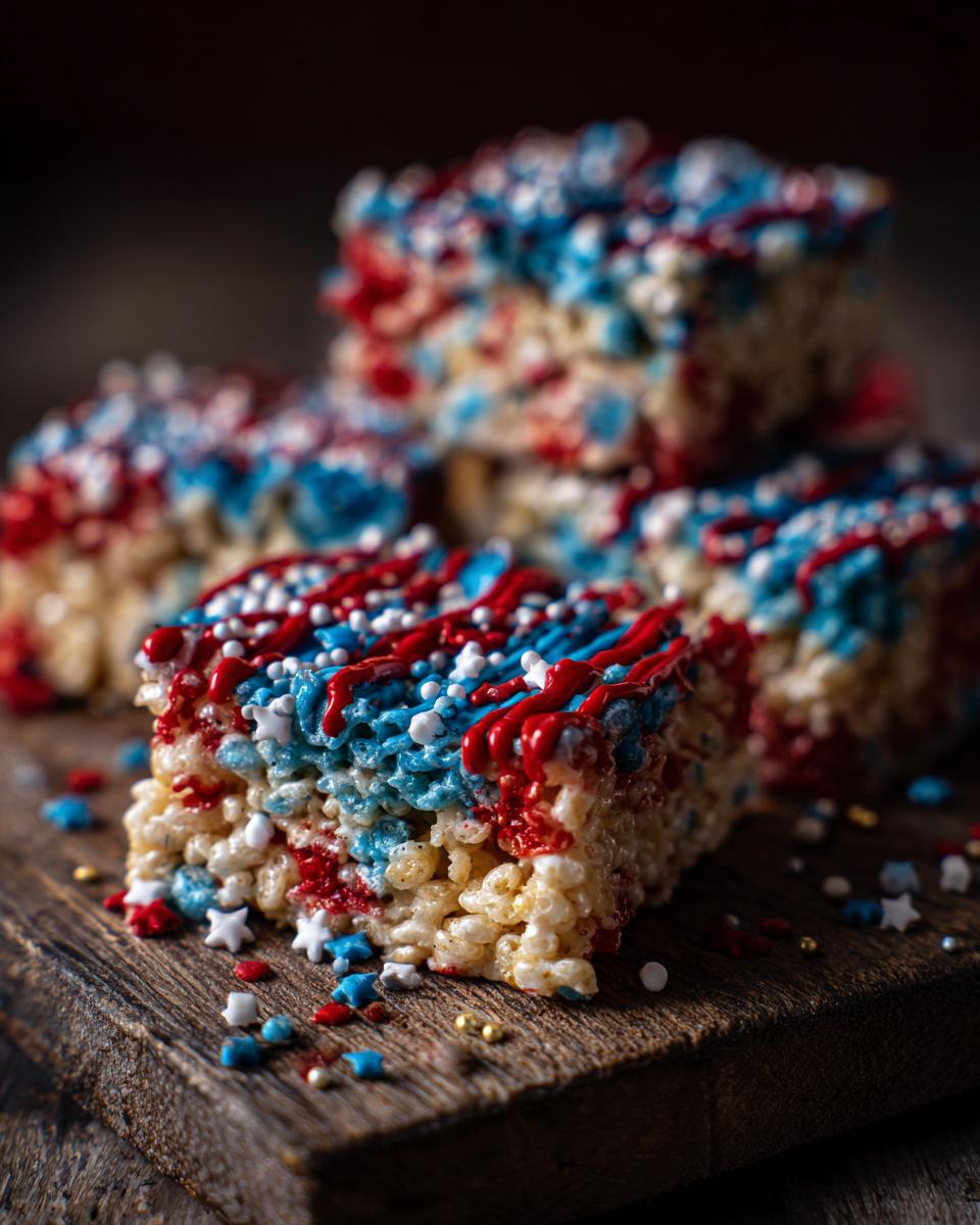 Close-up of Firecracker Rice Krispie Treats decorated with red, white, and blue icing and sprinkles.