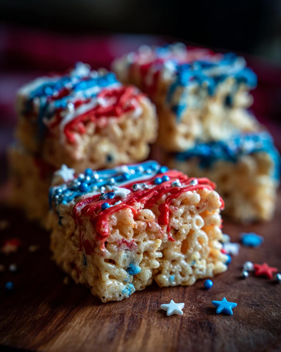 Close-up of Firecracker Rice Krispie Treats decorated with red, white, and blue icing and sprinkles for Fourth of July.