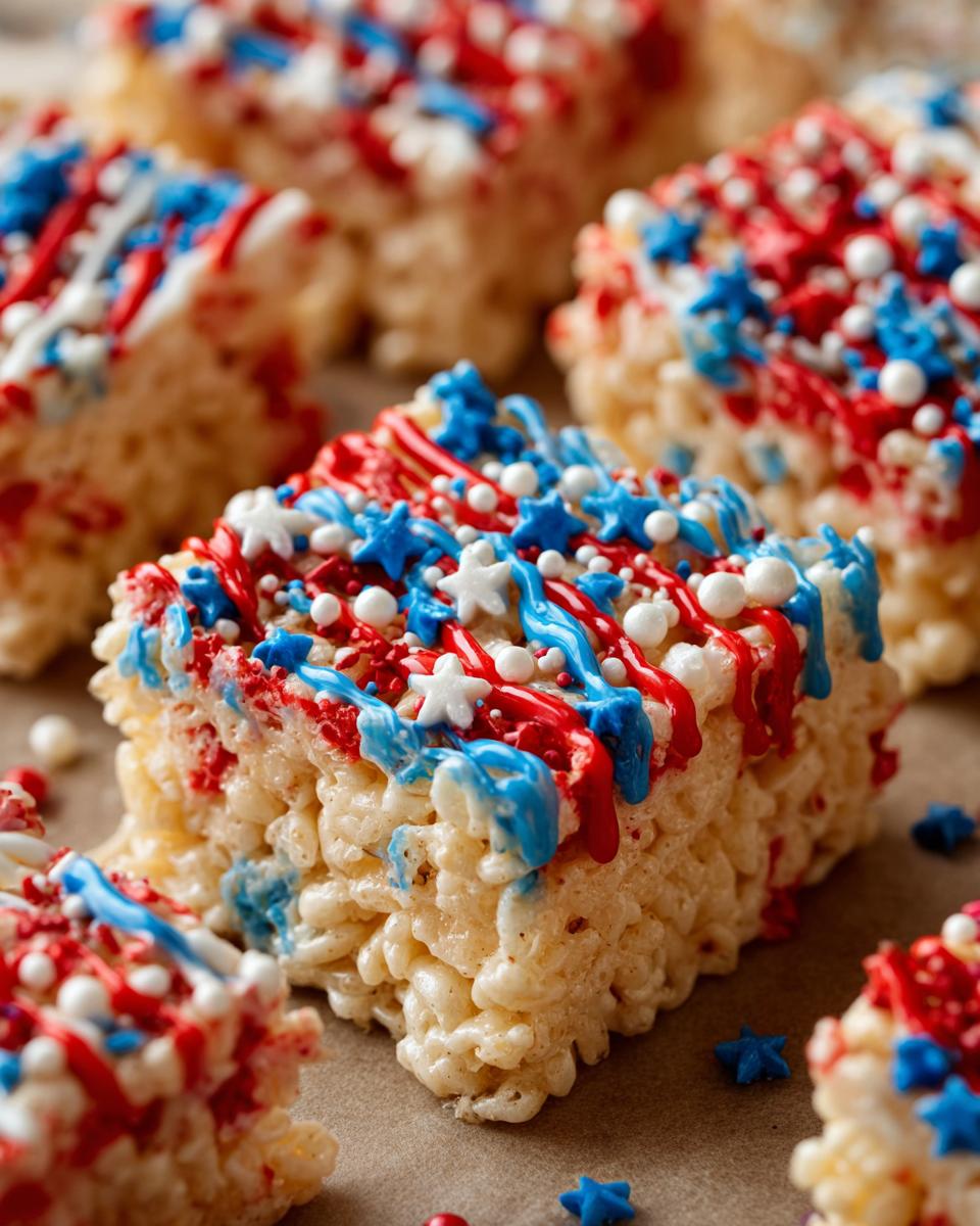 Close-up of festive Firecracker Rice Krispie Treats decorated with red and blue icing and star sprinkles for Fourth of July.