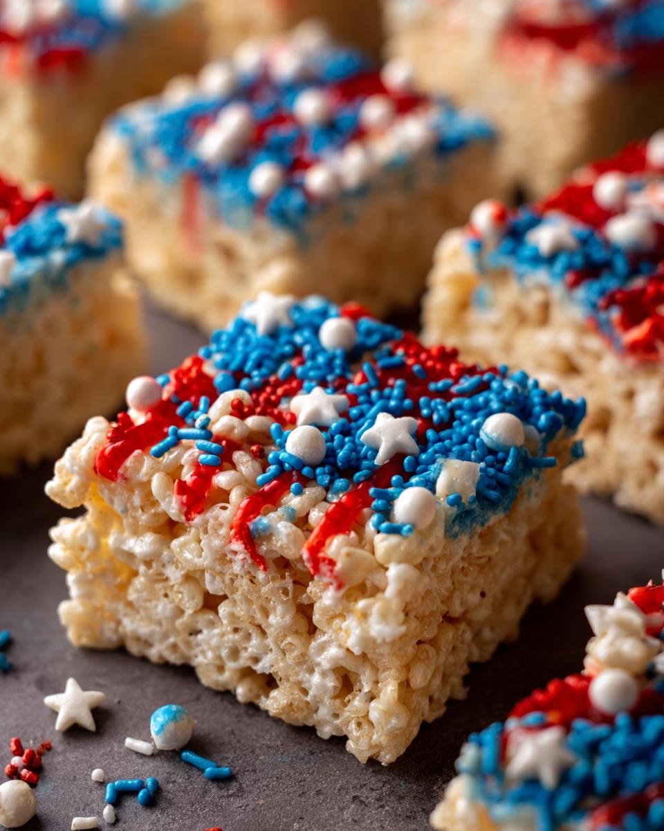 Close-up of festive Firecracker Rice Krispie Treats decorated with red, white, and blue sprinkles and star shapes for Fourth of July desserts.