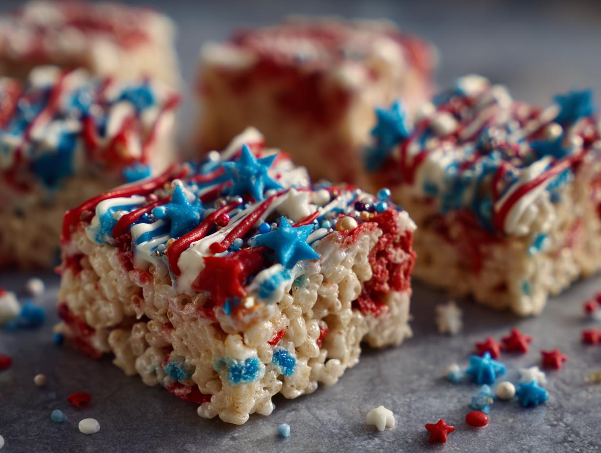 Close-up of festive Fourth of July Rice Krispie Treats decorated with red, white, and blue frosting and star sprinkles.