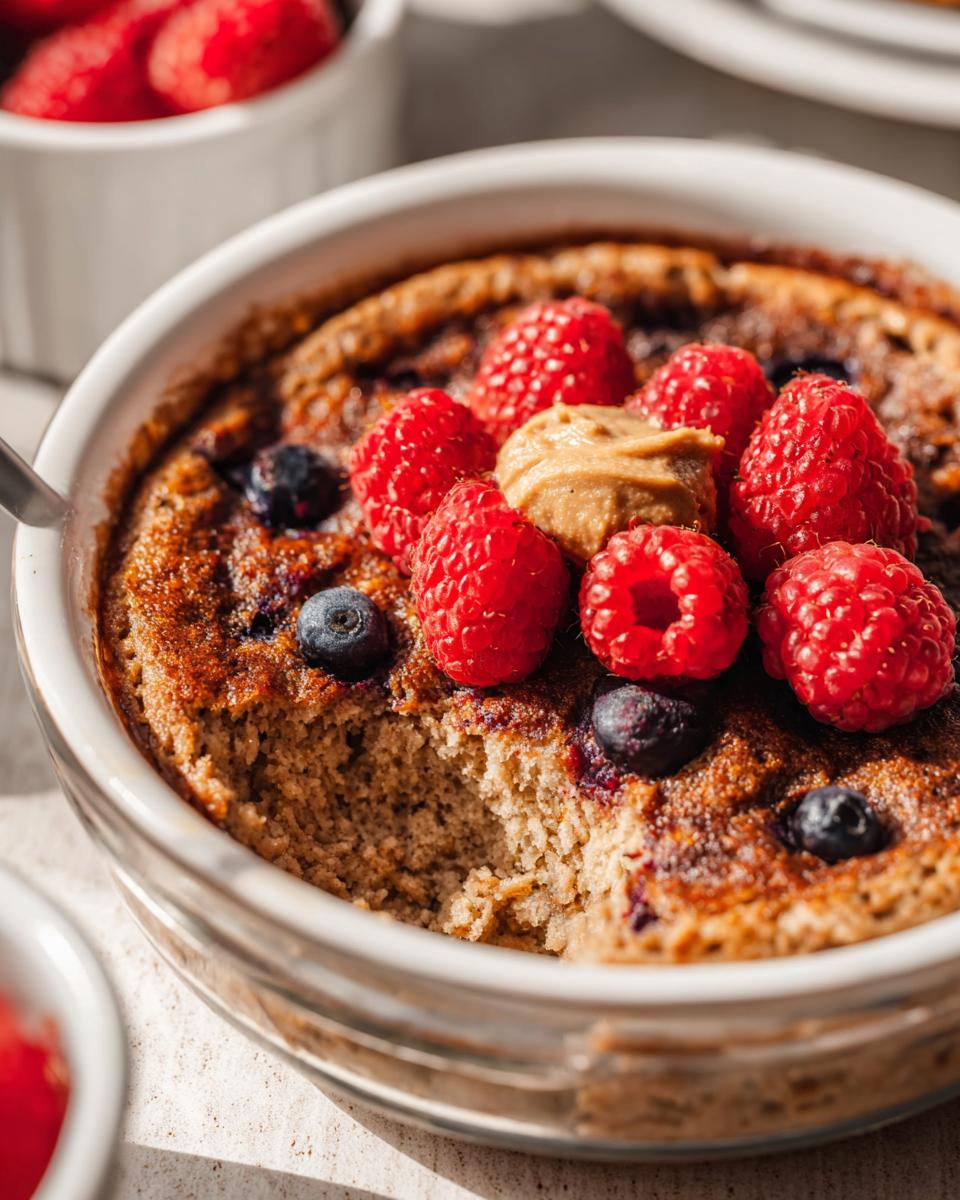 Close-up of a fluffy baked protein bowl topped with raspberries, blueberries, and a dollop of peanut butter.