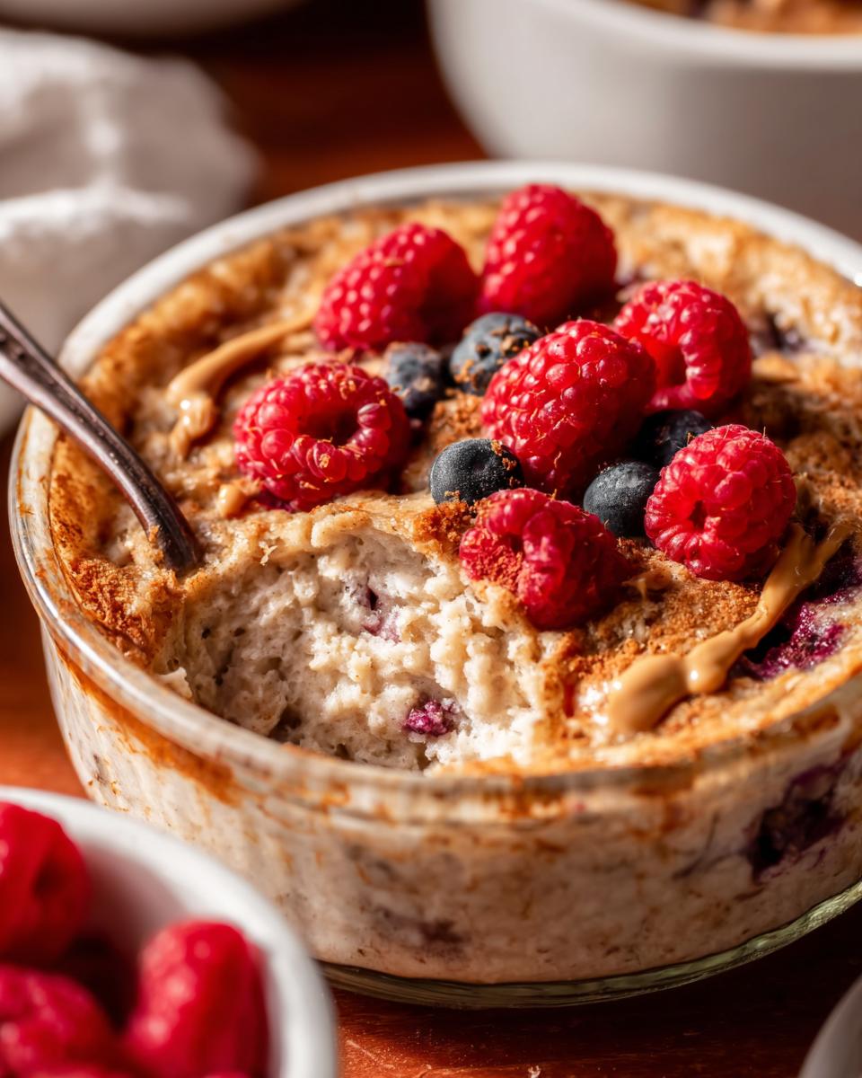 A fluffy baked protein bowl topped with raspberries, blueberries, and a drizzle of peanut butter.