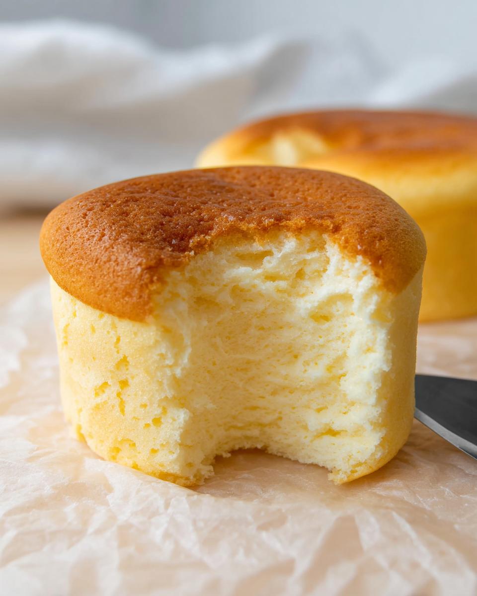 A bite taken out of a fluffy Japanese Cotton Cheesecake Cupcake, revealing its airy interior.