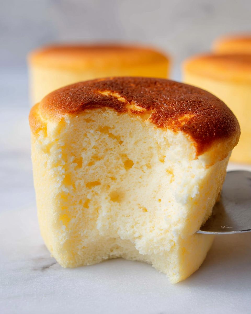 A bite taken out of a fluffy Japanese cotton cheesecake cupcake, showing its airy texture.