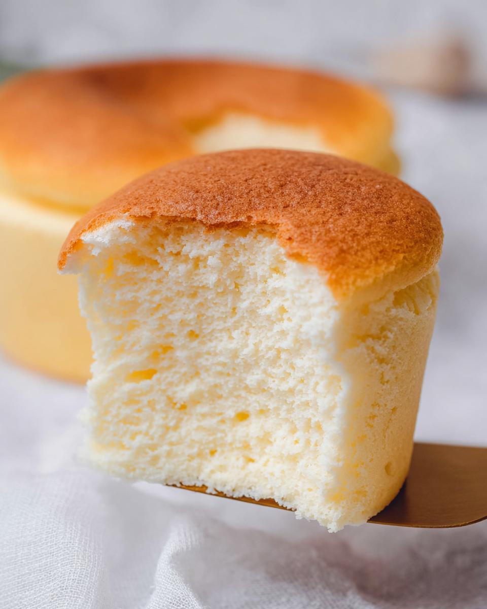 A slice of fluffy Japanese cotton cheesecake cupcake, showing its airy texture and golden-brown top.
