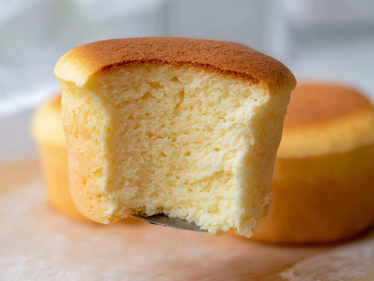 A close-up of a fluffy Japanese cotton cheesecake cupcake being lifted by a spatula, showing its airy texture.