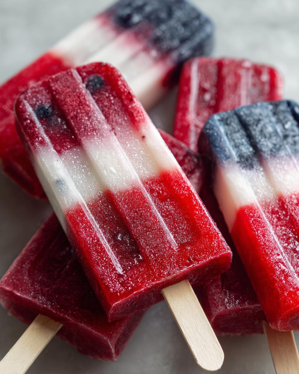 Close-up of bright red, white, and blue berry popsicles, perfect for Fourth of July Desserts.