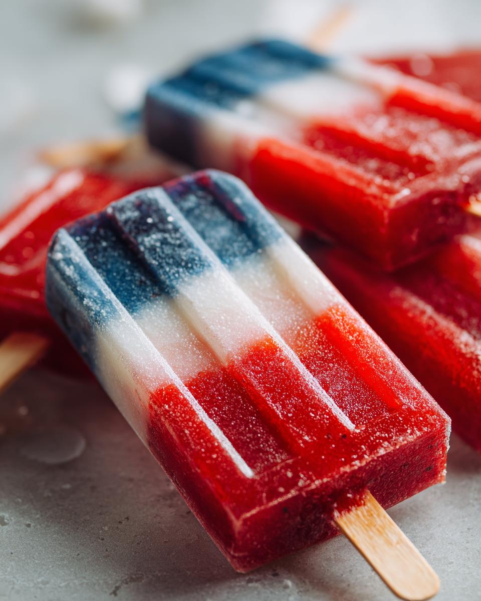 Close-up of red, white, and blue berry popsicles, perfect for Fourth of July Desserts.