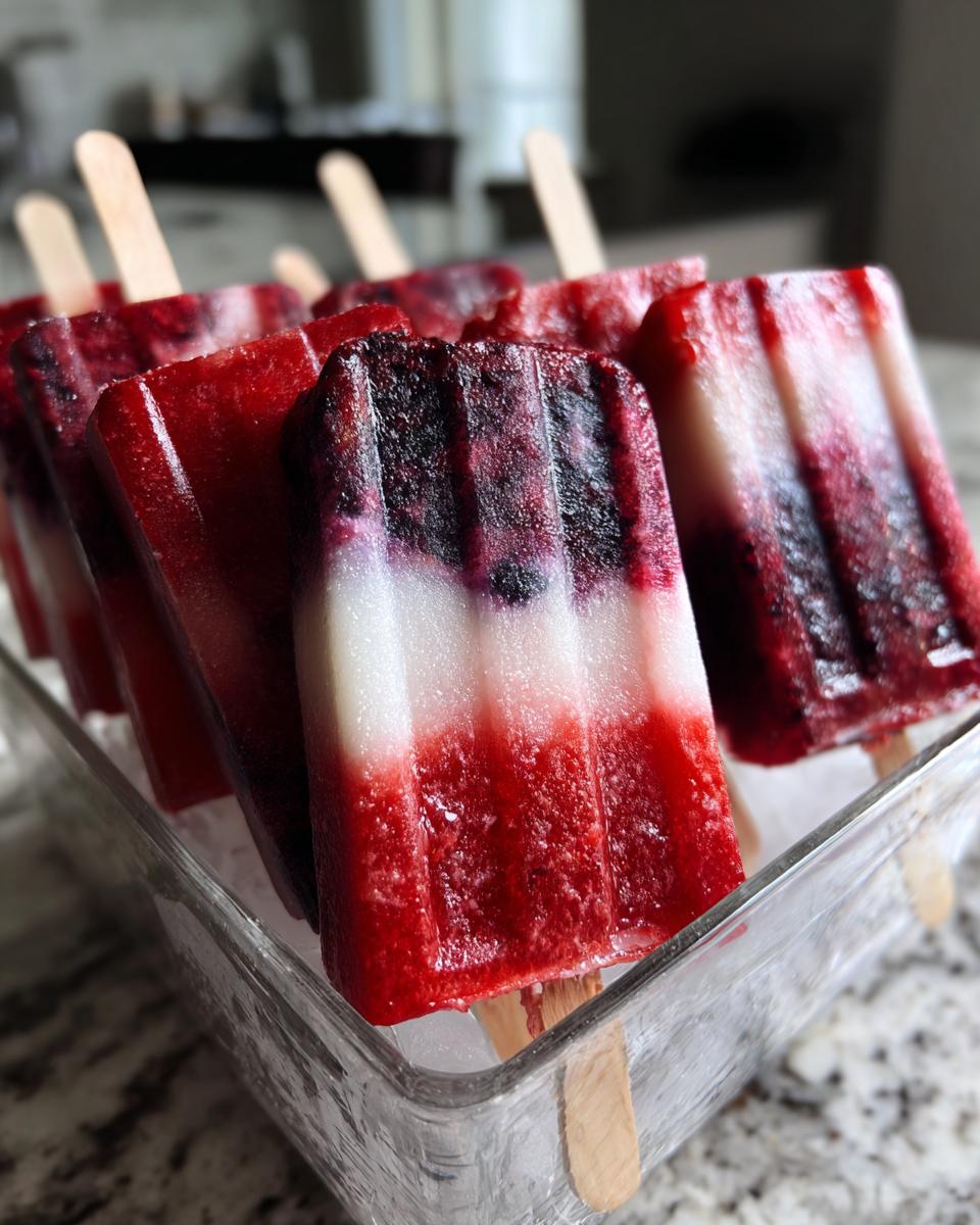 Close-up of Fourth of July berry popsicles in a glass dish, layered with red, white, and blue berry colors.