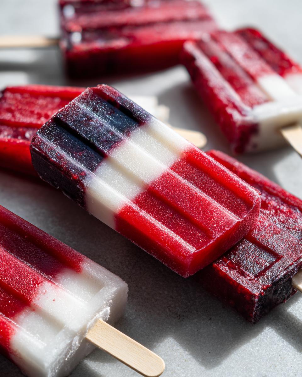 Close-up of Fourth of July berry popsicles in red, white, and blue layers on a grey surface.