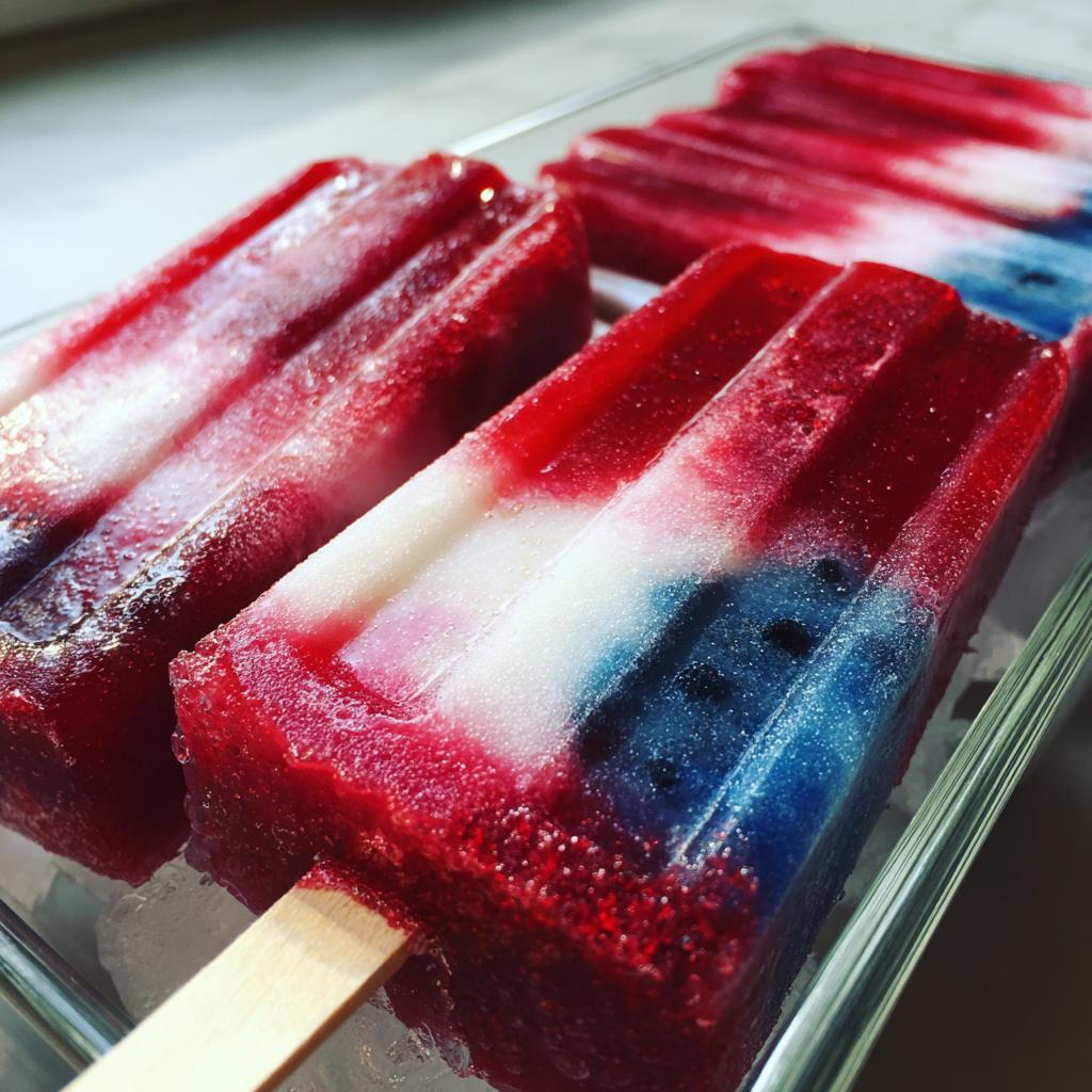 Close-up of Fourth of July Berry Popsicles in red, white, and blue layers, resting on ice.