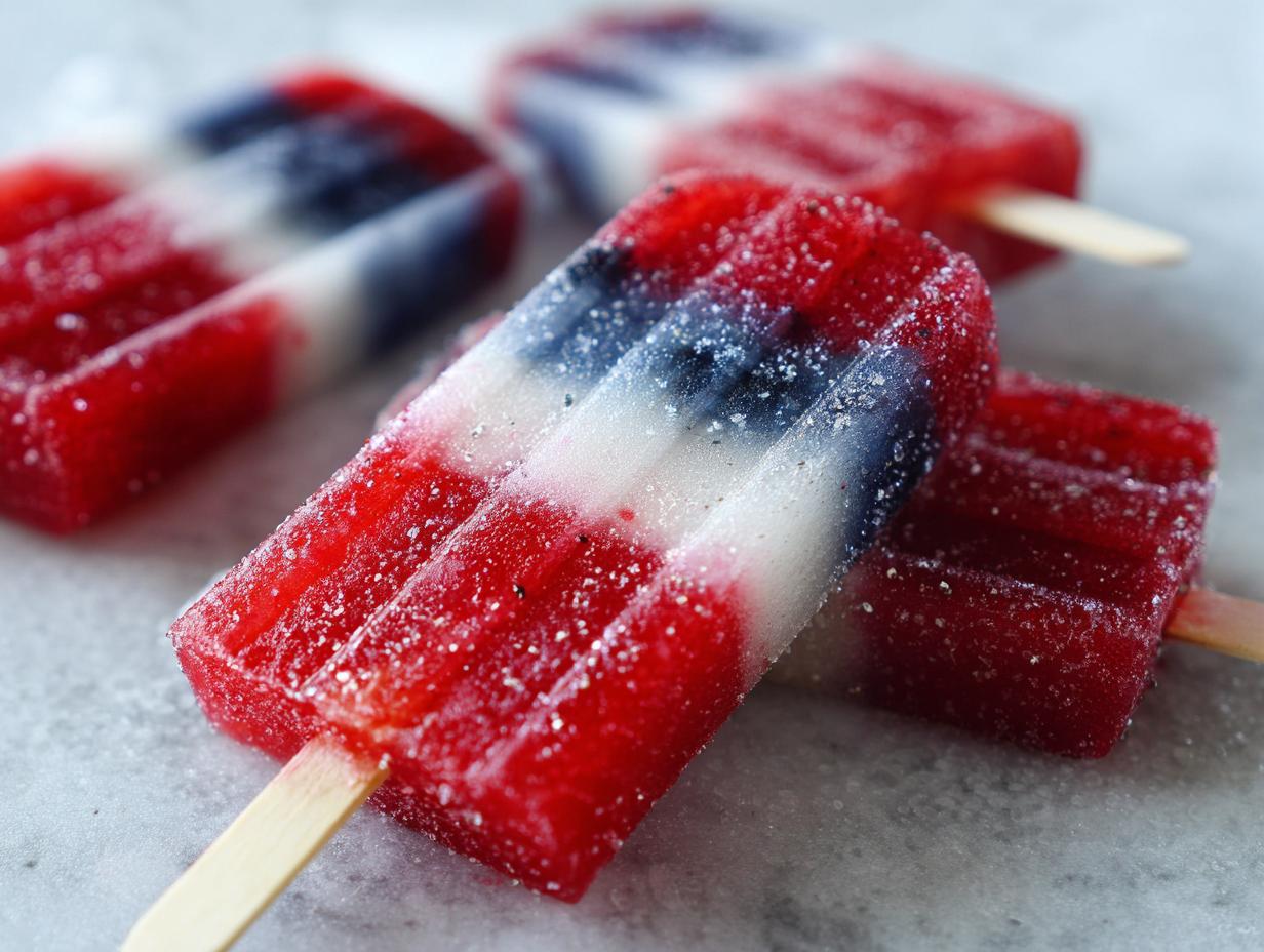 Close-up of Fourth of July berry popsicles in red, white, and blue layers, sprinkled with sugar.