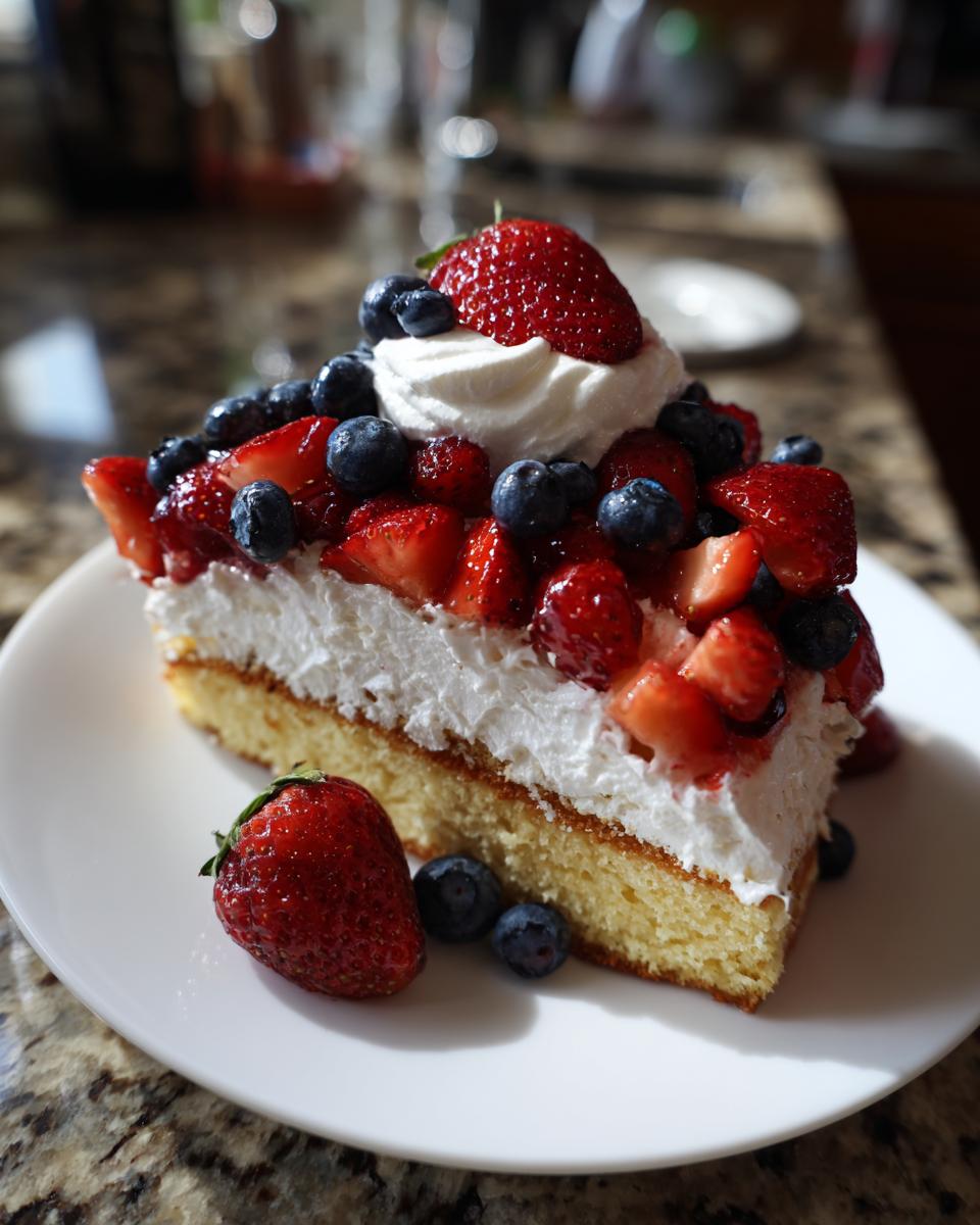 A slice of pound cake transformed into a berry shortcake with strawberries, blueberries, and whipped cream, perfect for Fourth of July Desserts.