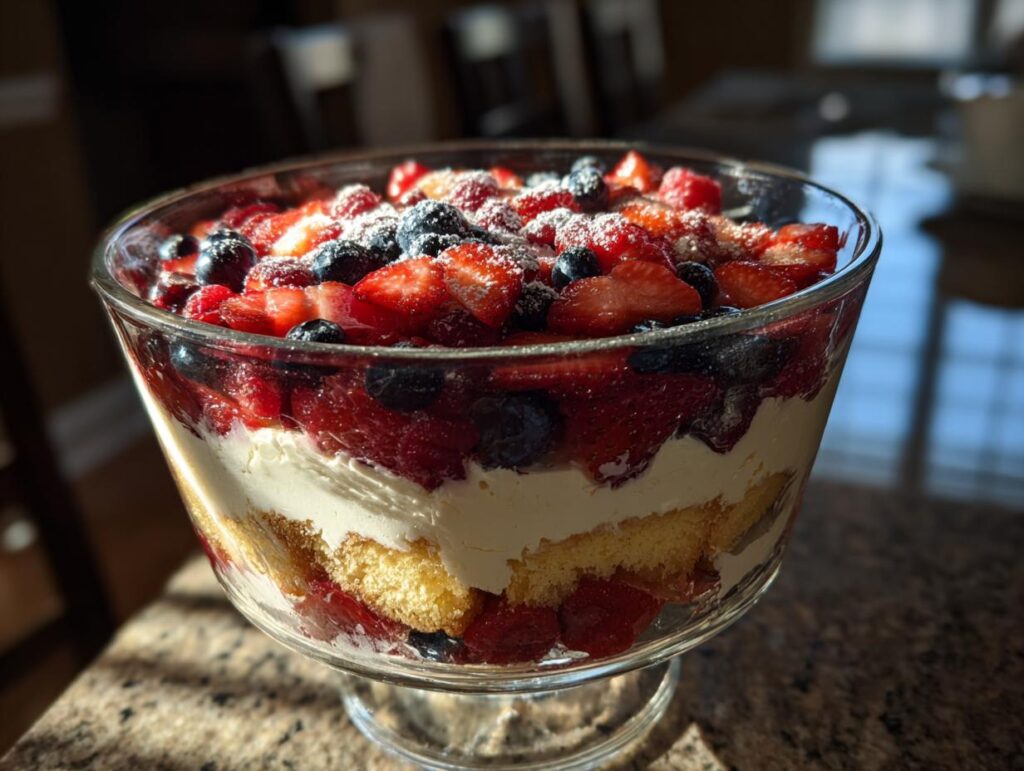A festive berry trifle with layers of cake, cream, strawberries, and blueberries, perfect for Fourth of July desserts.