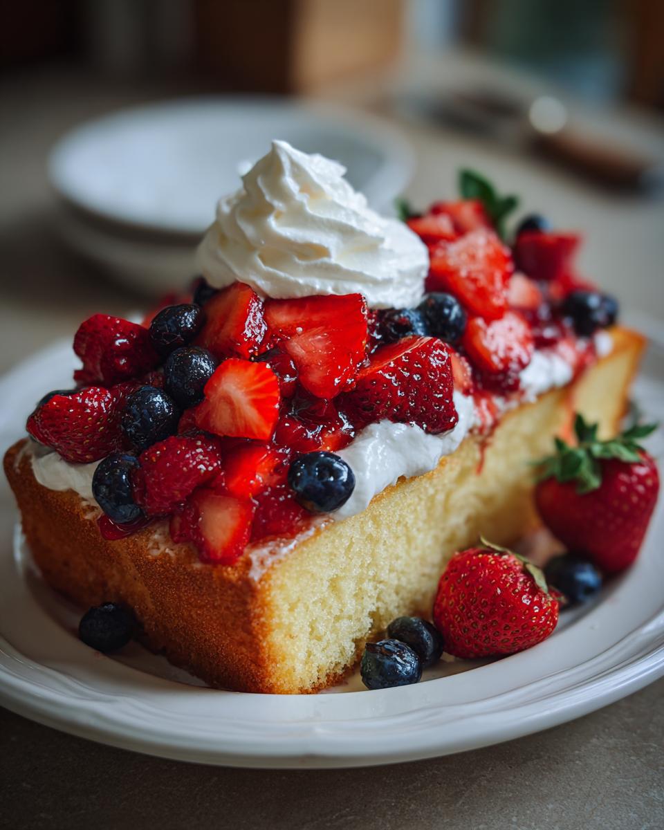 Slice of pound cake topped with whipped cream, strawberries, and blueberries, perfect for Fourth of July desserts.