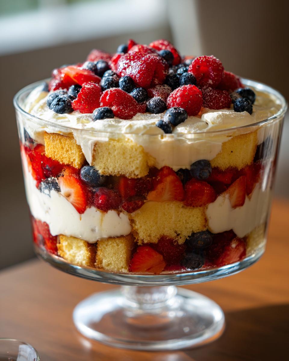 A beautiful Fourth of July dessert featuring a berry trifle with patriotic layers of cake, cream, strawberries, and blueberries.