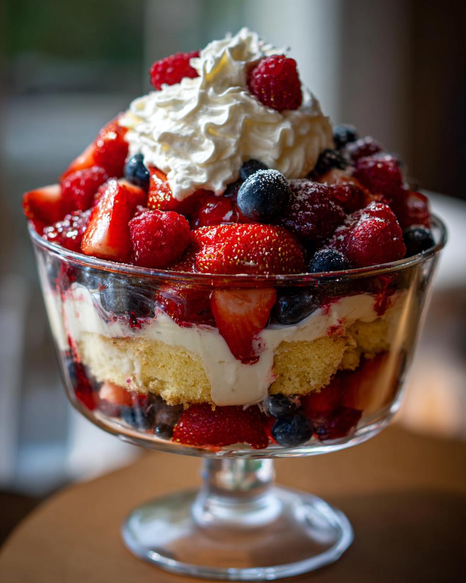 Close-up of a festive berry trifle in a glass bowl, featuring layers of cake, cream, strawberries, blueberries, and raspberries, topped with whipped cream.