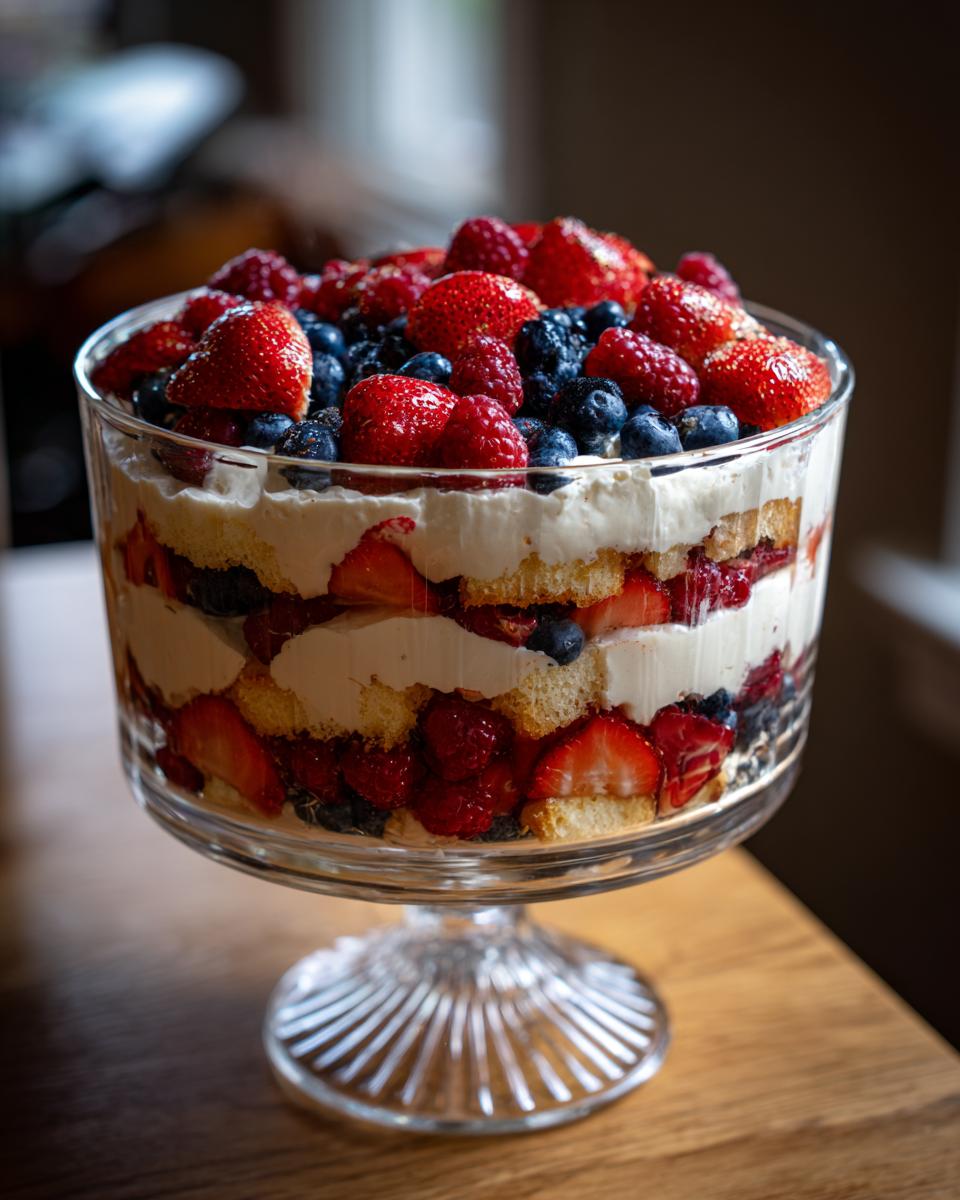 A stunning Fourth of July dessert: a large glass trifle bowl filled with layers of cake, whipped cream, strawberries, blueberries, and raspberries.